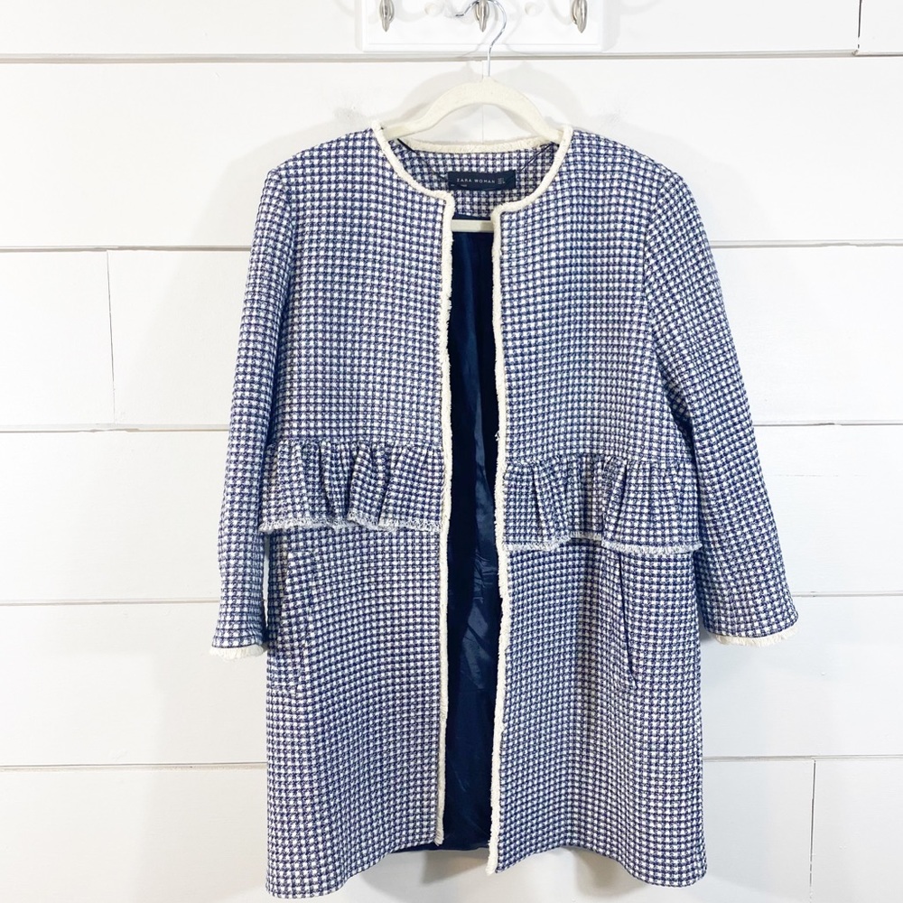 Zara Black and White Houndstooth Peplum Trim Jacket